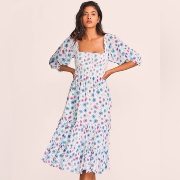 LoveShackFancy Miri Cotton Candy Floral Midi Dress in Size Petite (XXS or 00) - Picture 1 of 8
